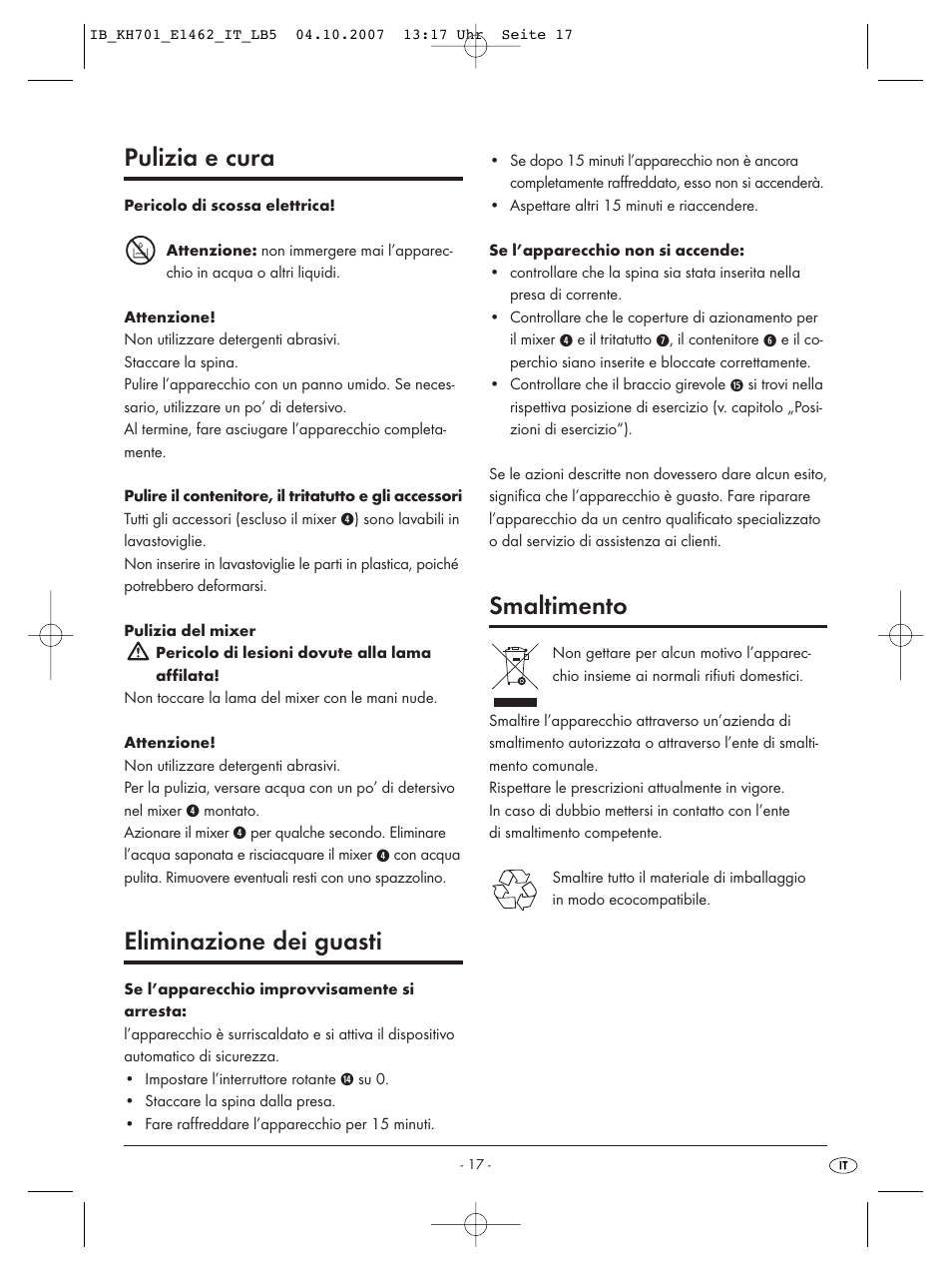 Pulizia e cura, Eliminazione dei guasti, Smaltimento | Kompernass Food Processor KH 701 User Manual | Page 19 / 42