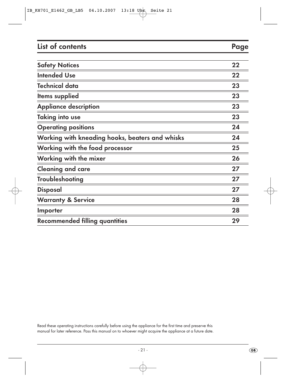 List of contents page | Kompernass Food Processor KH 701 User Manual | Page 23 / 42