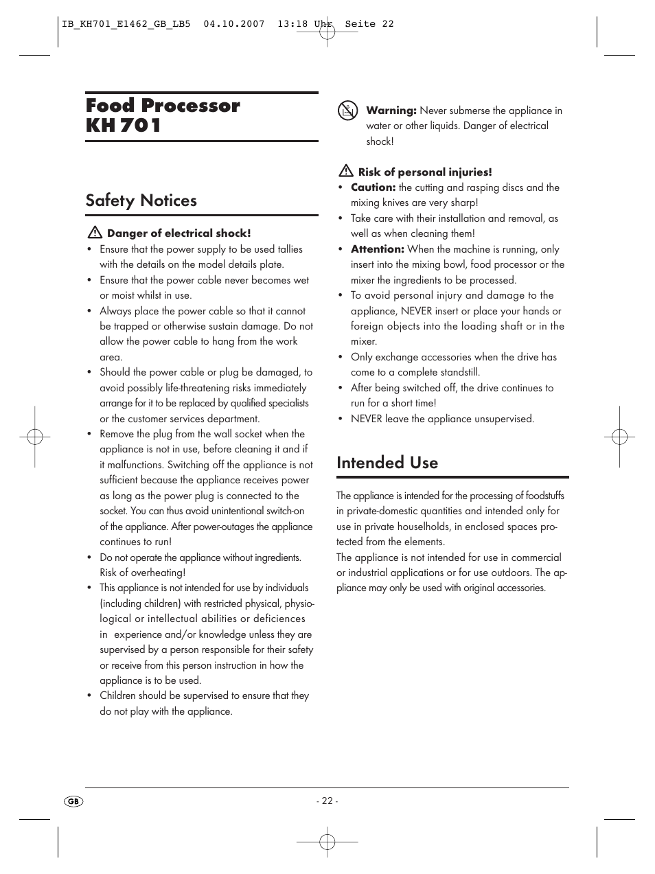 Food processor kh 701, Safety notices, Intended use | Kompernass Food Processor KH 701 User Manual | Page 24 / 42