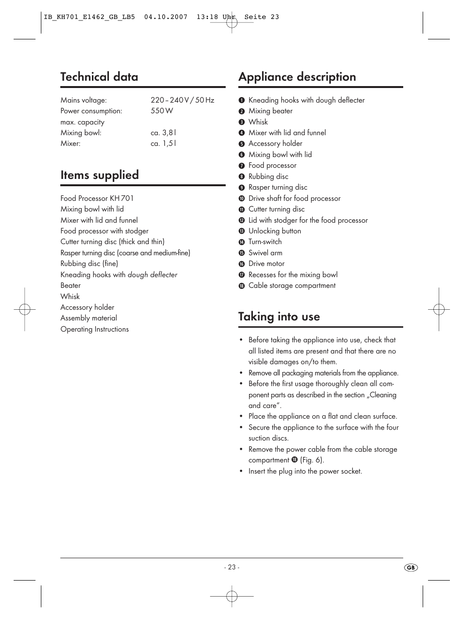 Technical data, Items supplied, Appliance description | Taking into use | Kompernass Food Processor KH 701 User Manual | Page 25 / 42