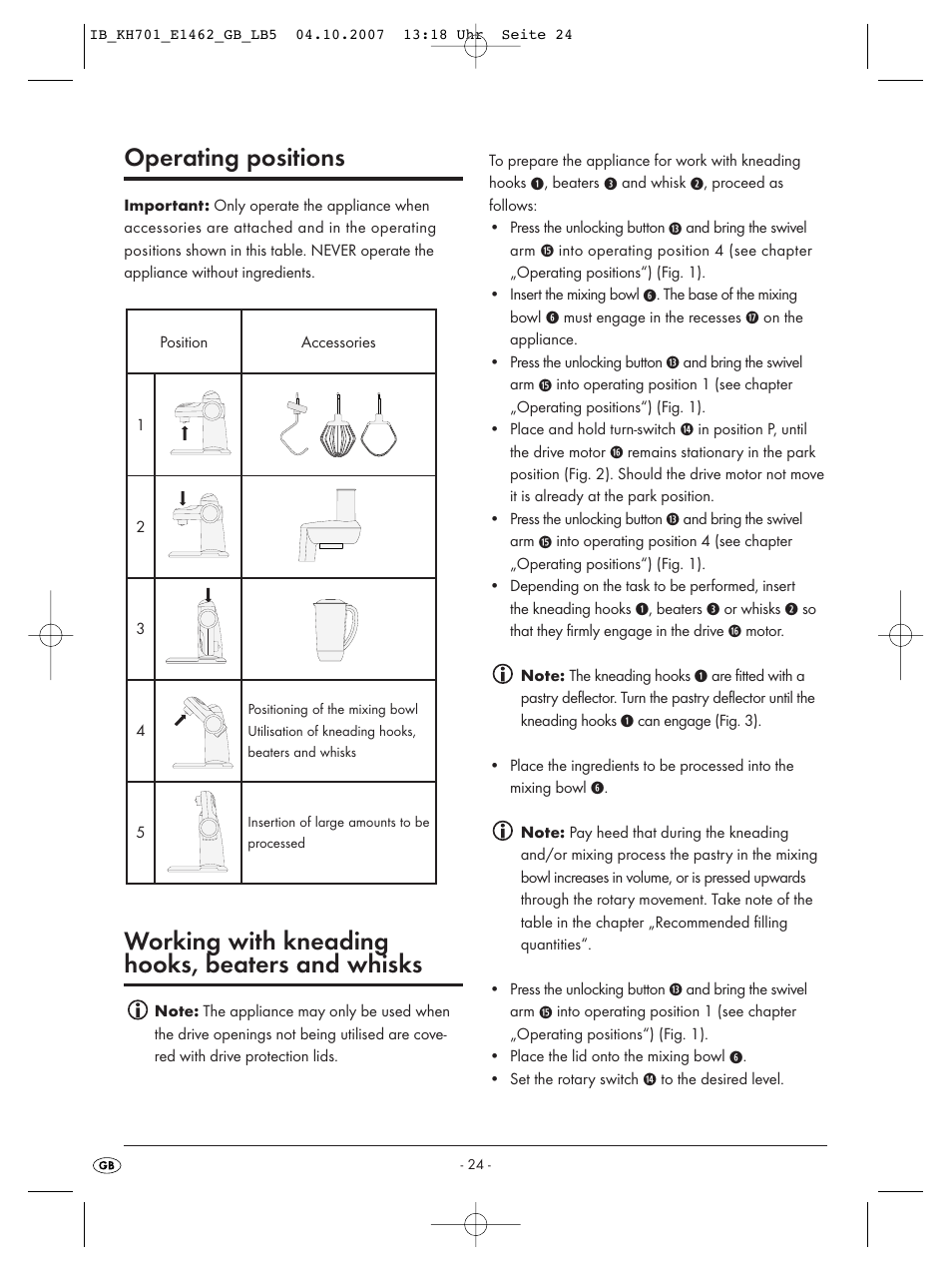 Operating positions, Working with kneading hooks, beaters and whisks | Kompernass Food Processor KH 701 User Manual | Page 26 / 42