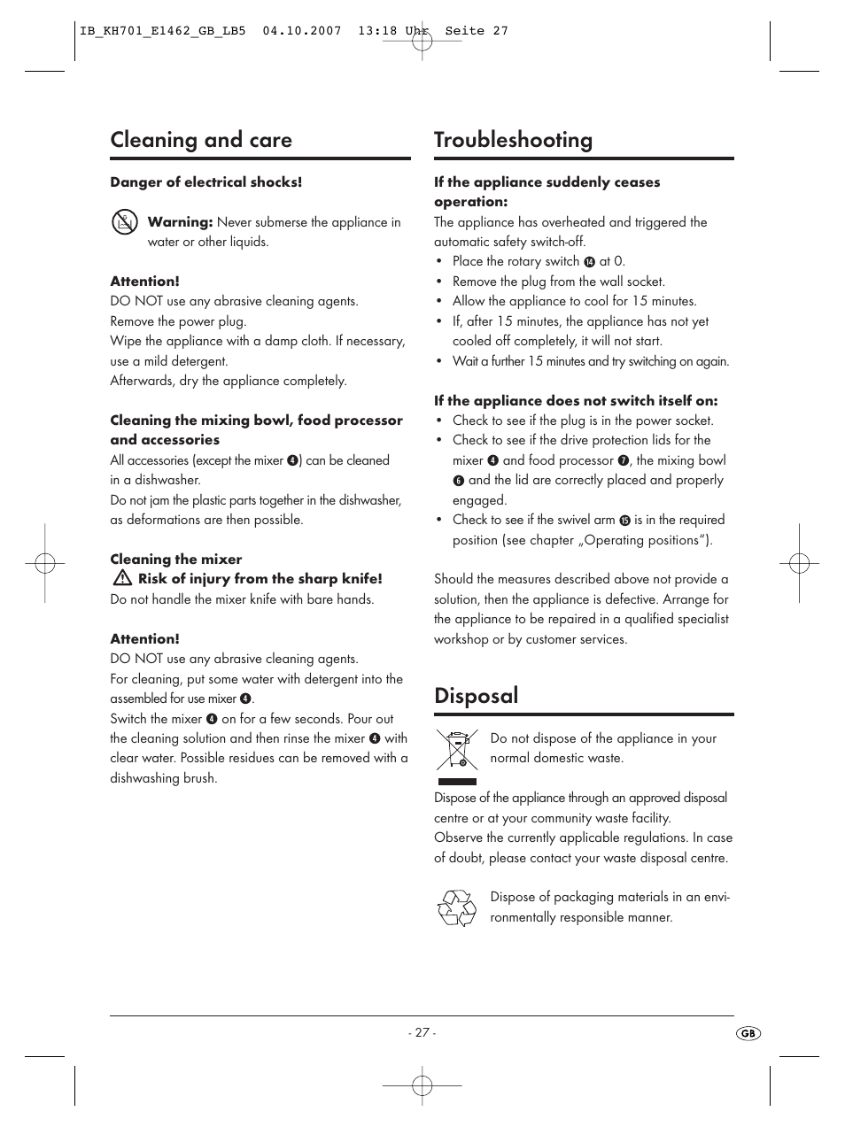 Cleaning and care, Troubleshooting, Disposal | Kompernass Food Processor KH 701 User Manual | Page 29 / 42