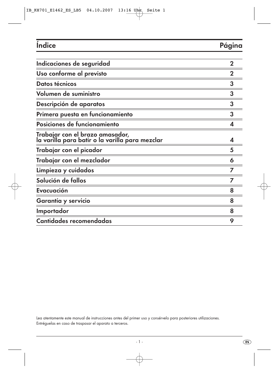 Índice página | Kompernass Food Processor KH 701 User Manual | Page 3 / 42