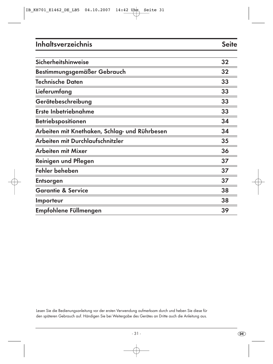 Inhaltsverzeichnis seite | Kompernass Food Processor KH 701 User Manual | Page 33 / 42