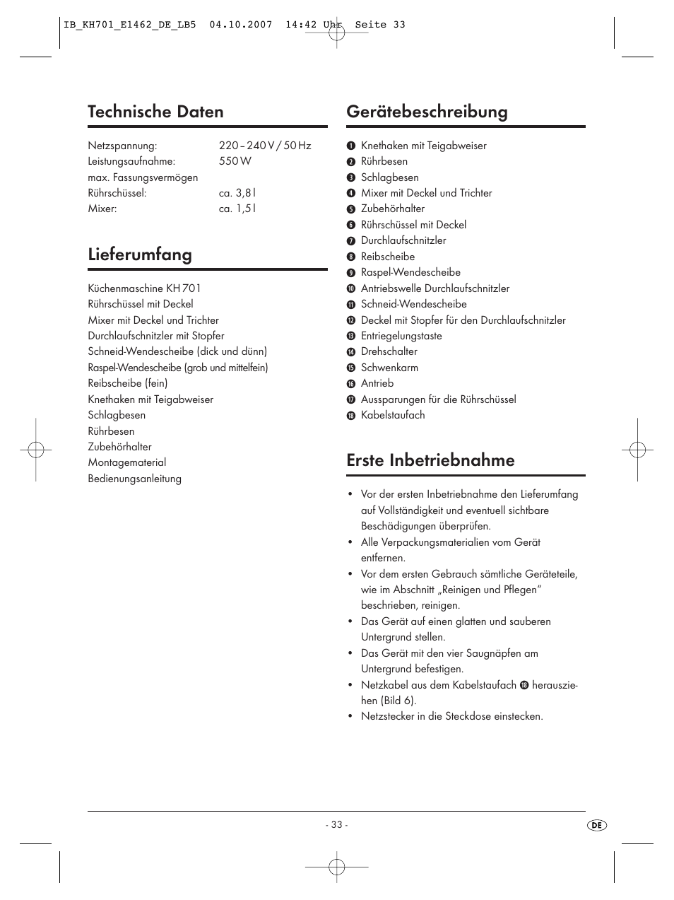 Technische daten, Lieferumfang, Gerätebeschreibung | Erste inbetriebnahme | Kompernass Food Processor KH 701 User Manual | Page 35 / 42