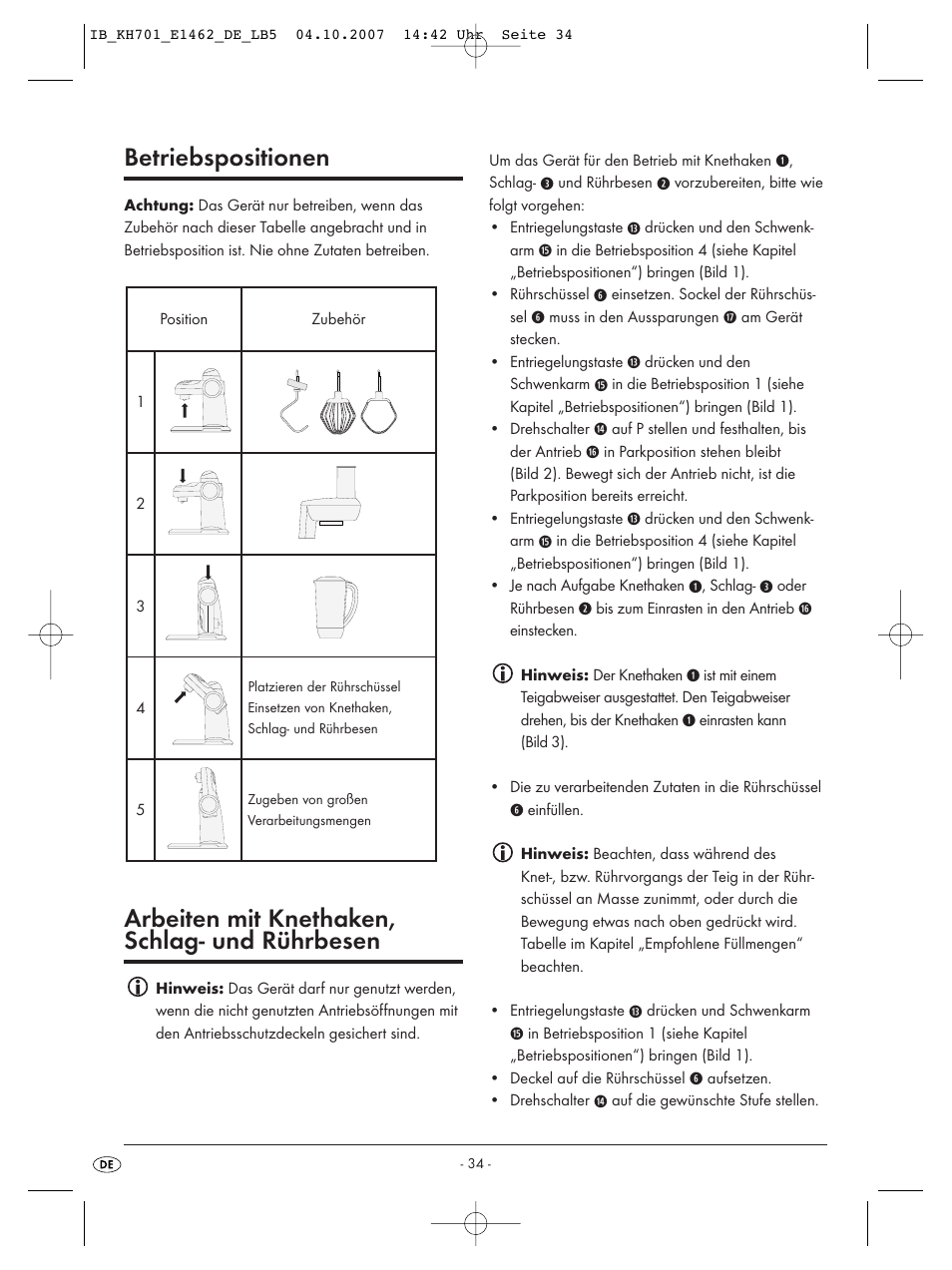 Betriebspositionen, Arbeiten mit knethaken, schlag- und rührbesen | Kompernass Food Processor KH 701 User Manual | Page 36 / 42