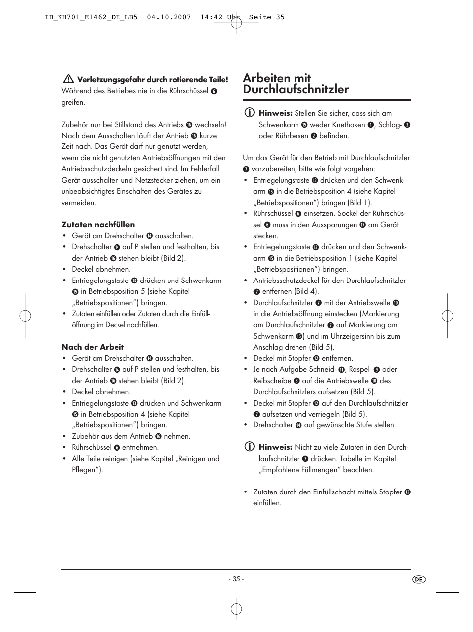 Arbeiten mit durchlaufschnitzler | Kompernass Food Processor KH 701 User Manual | Page 37 / 42