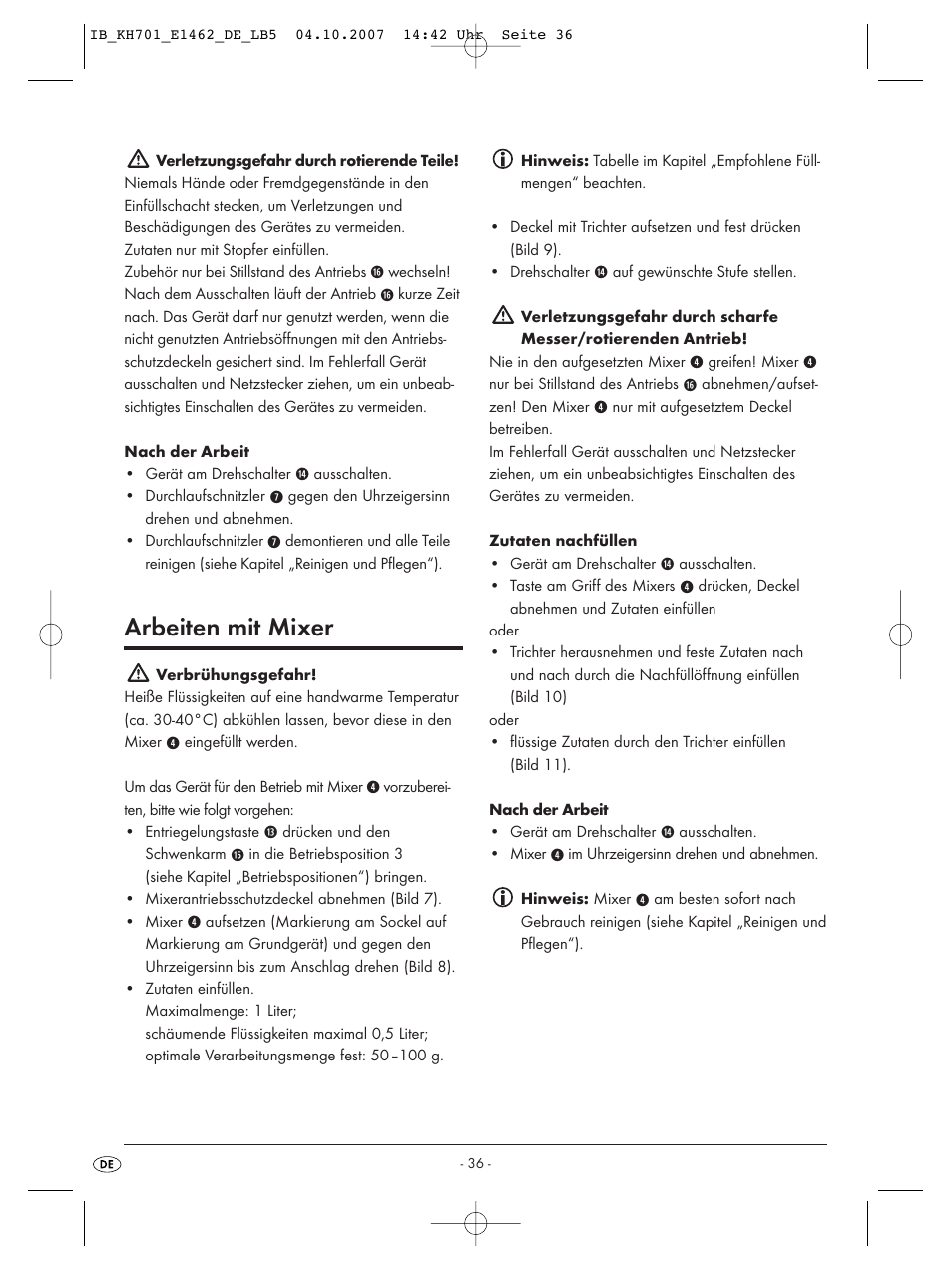 Arbeiten mit mixer | Kompernass Food Processor KH 701 User Manual | Page 38 / 42