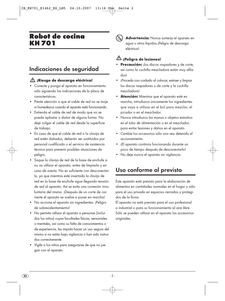 Robot de cocina kh 701, Indicaciones de seguridad, Uso conforme al previsto | Kompernass Food Processor KH 701 User Manual | Page 4 / 42