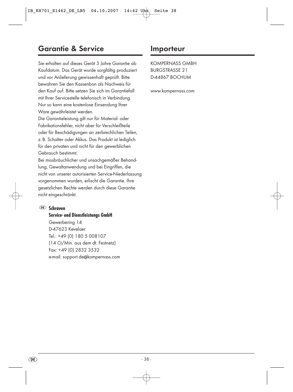 Garantie & service, Importeur | Kompernass Food Processor KH 701 User Manual | Page 40 / 42