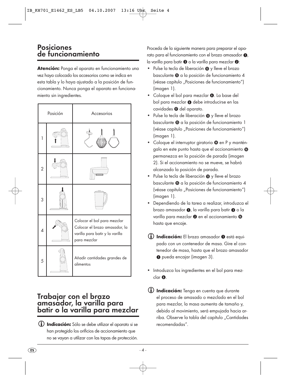 Posiciones de funcionamiento | Kompernass Food Processor KH 701 User Manual | Page 6 / 42