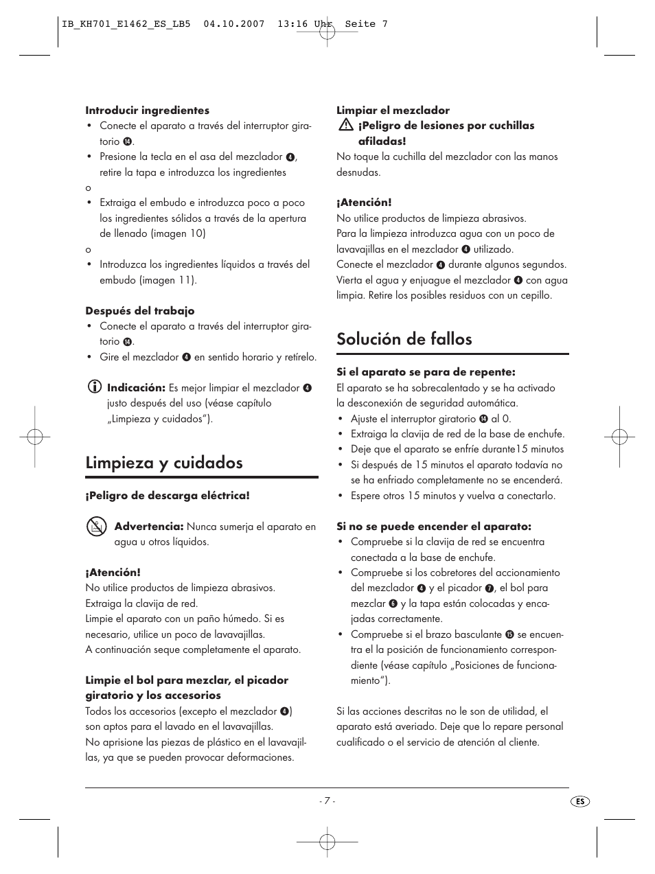 Limpieza y cuidados, Solución de fallos | Kompernass Food Processor KH 701 User Manual | Page 9 / 42