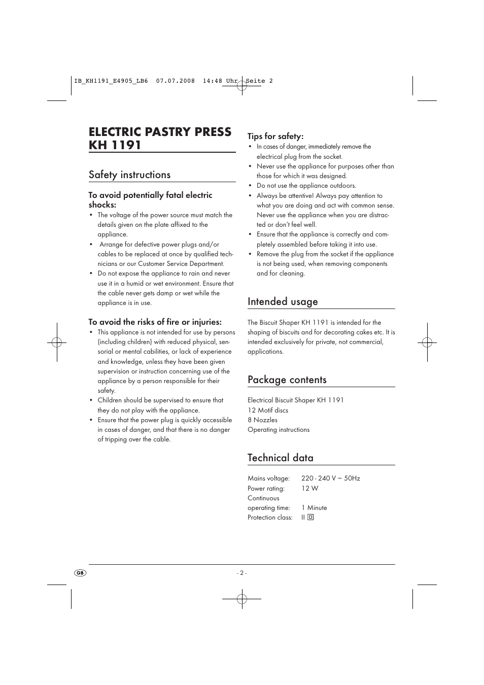 Electric pastry press kh 1191, Safety instructions, Intended usage | Package contents, Technical data | Kompernass KH 1191 User Manual | Page 4 / 10