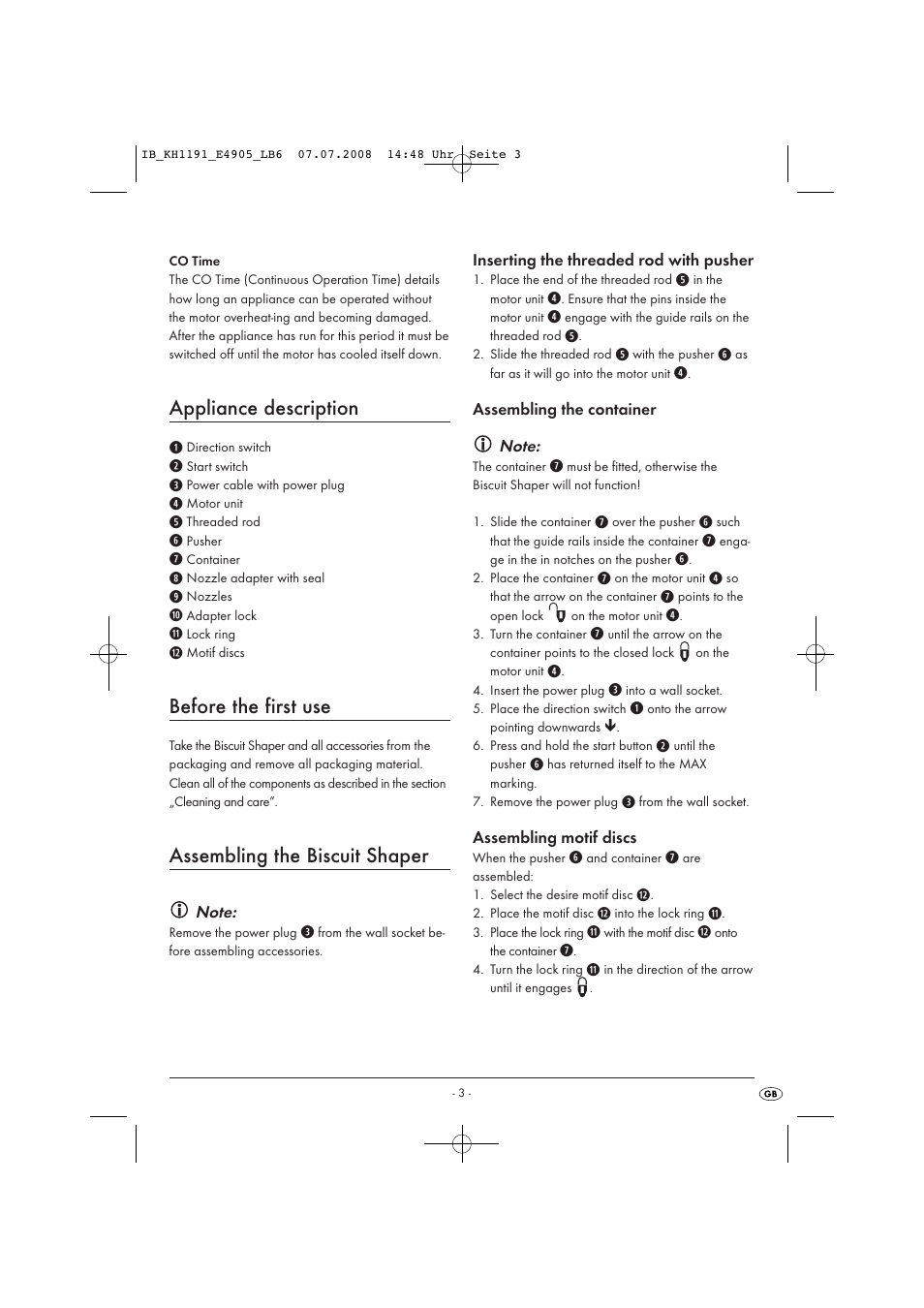 Appliance description, Before the first use, Assembling the biscuit shaper | Kompernass KH 1191 User Manual | Page 5 / 10