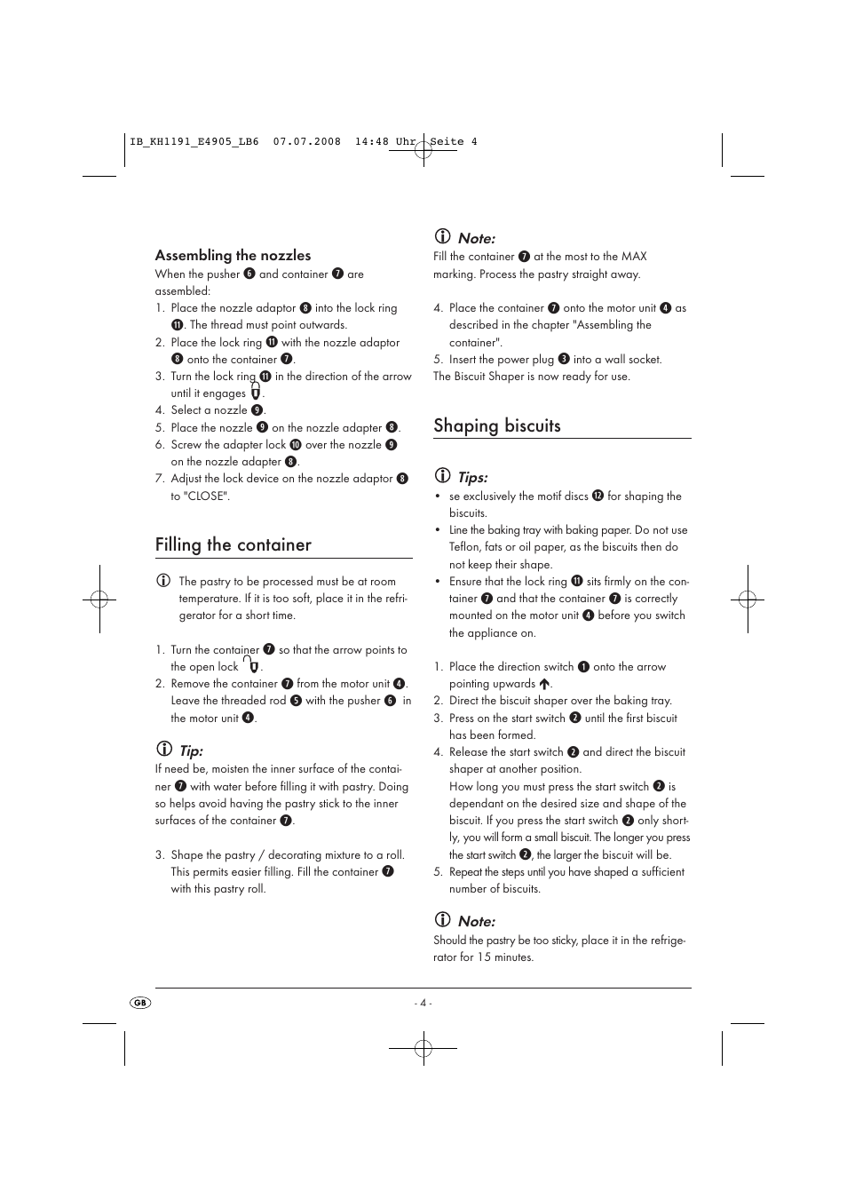 Filling the container, Shaping biscuits | Kompernass KH 1191 User Manual | Page 6 / 10