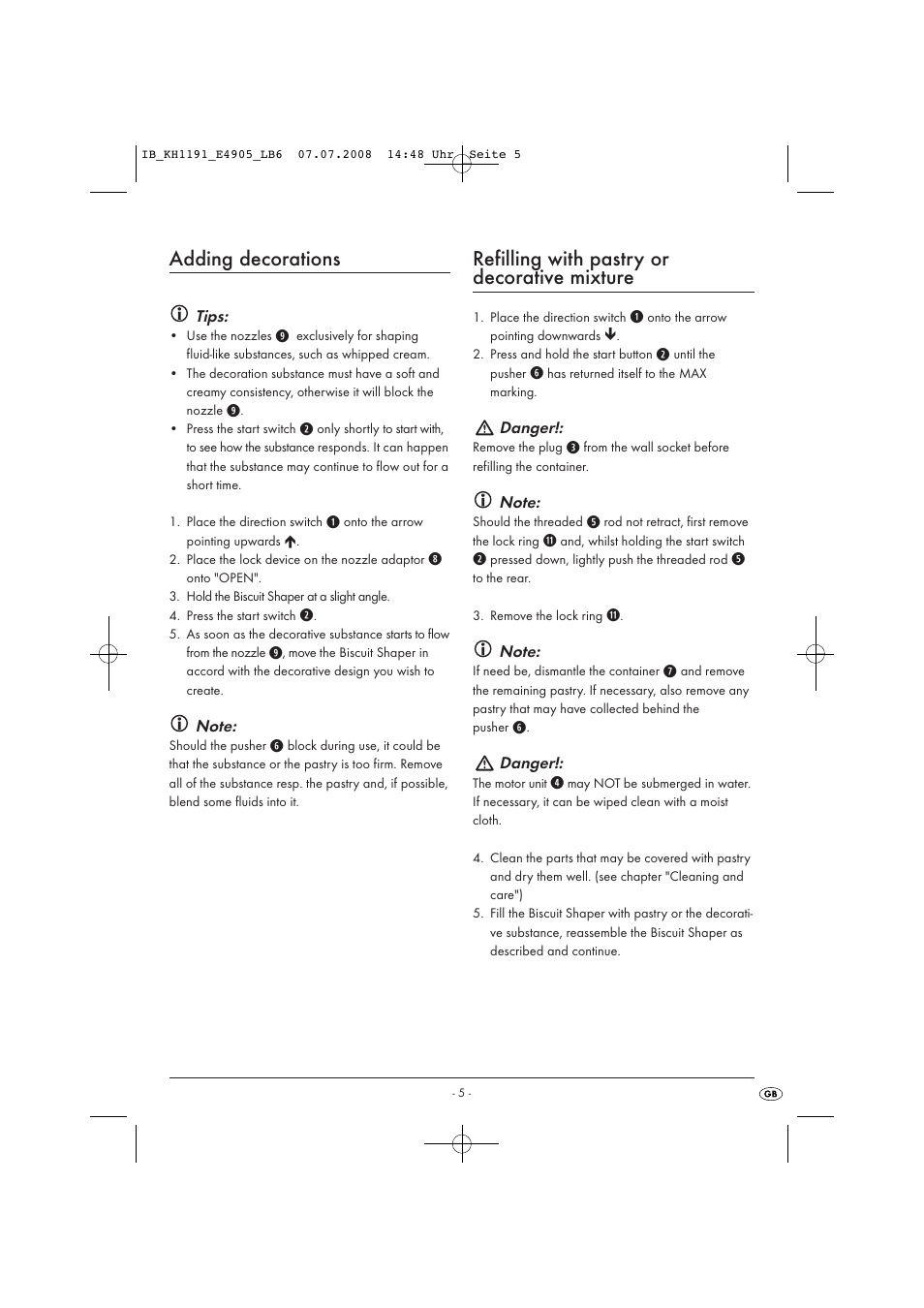 Adding decorations, Refilling with pastry or decorative mixture | Kompernass KH 1191 User Manual | Page 7 / 10