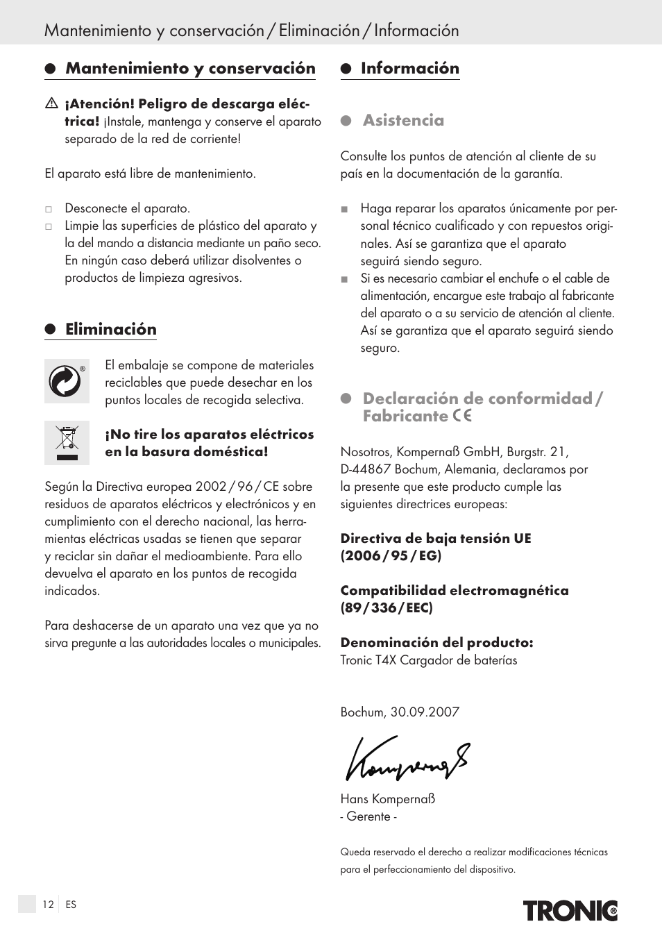 Mantenimiento y conservación, Eliminación, Información | Asistencia, Declaración de conformidad / fabricante | Kompernass T4X User Manual | Page 10 / 34