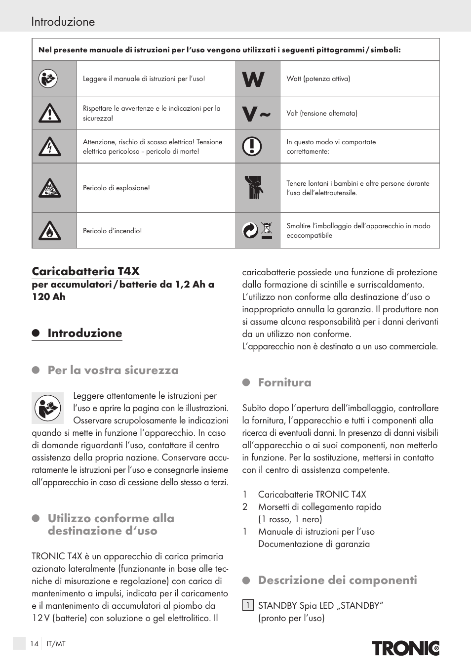 Introduzione, Caricabatteria t4x, Per la vostra sicurezza | Utilizzo conforme alla destinazione d‘uso, Fornitura, Descrizione dei componenti | Kompernass T4X User Manual | Page 12 / 34