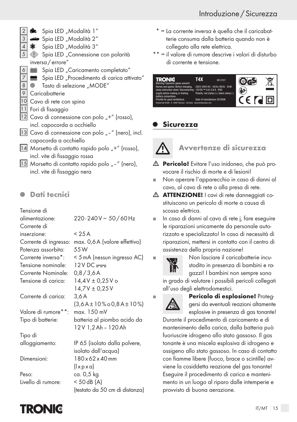 Introduzione / sicurezza, Dati tecnici, Sicurezza avvertenze di sicurezza | Kompernass T4X User Manual | Page 13 / 34