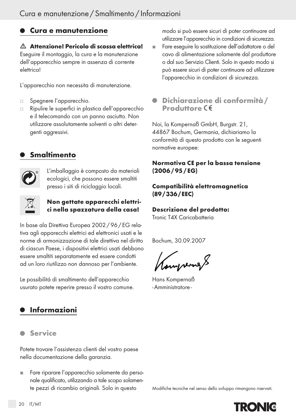Cura e manutenzione / smaltimento / informazioni, Cura e manutenzione, Smaltimento | Informazioni, Service, Dichiarazione di conformità / produttore | Kompernass T4X User Manual | Page 18 / 34