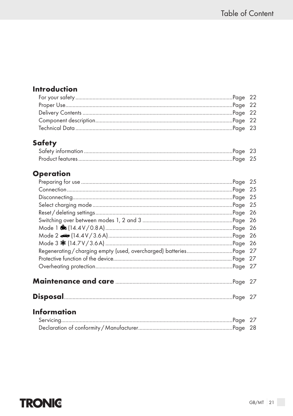 Table of content | Kompernass T4X User Manual | Page 19 / 34