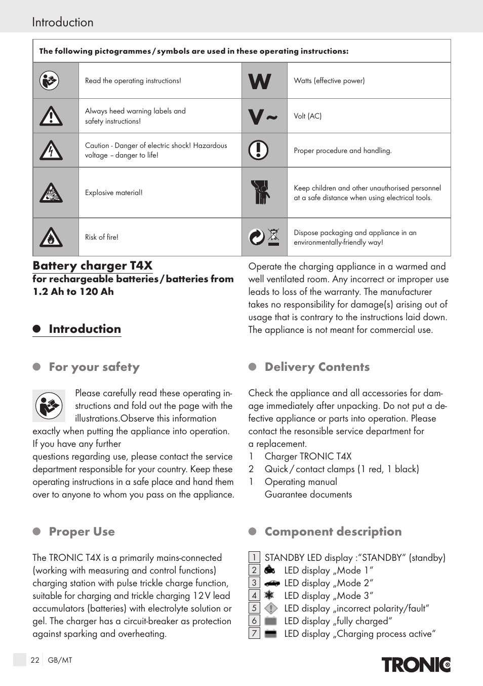 Introduction, Battery charger t4x, For your safety | Proper use, Delivery contents, Component description | Kompernass T4X User Manual | Page 20 / 34