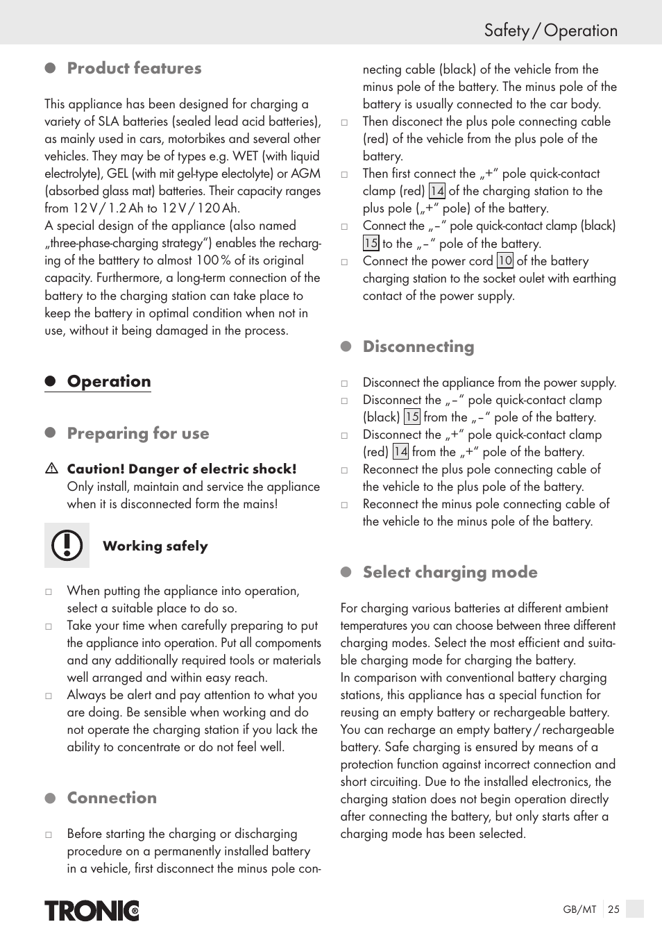 Safety / operation, Product features, Operation | Preparing for use, Connection, Disconnecting, Select charging mode | Kompernass T4X User Manual | Page 23 / 34