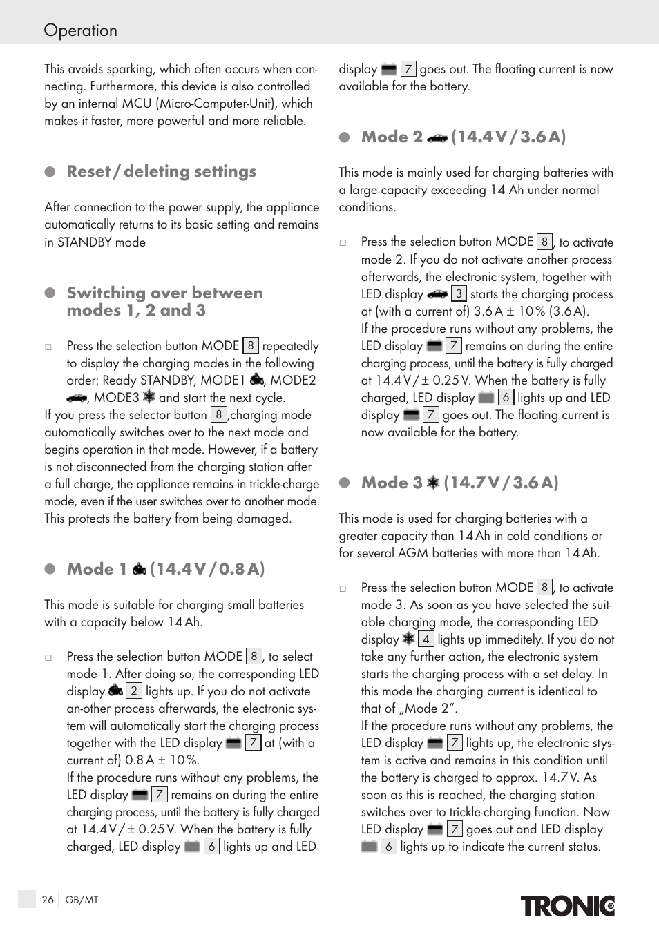 Operation, Reset / deleting settings, Switching over between modes 1, 2 and 3 | Mode 1, 4 v / 0.8 a), Mode 2, 4 v / 3.6 a) | Kompernass T4X User Manual | Page 24 / 34