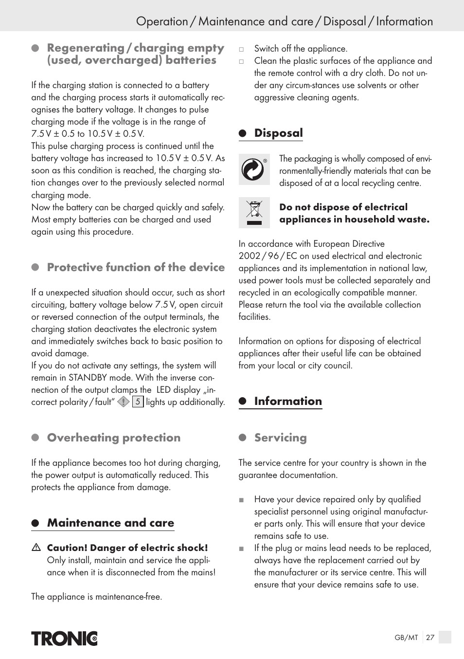 Protective function of the device, Overheating protection, Maintenance and care | Disposal, Information, Servicing | Kompernass T4X User Manual | Page 25 / 34