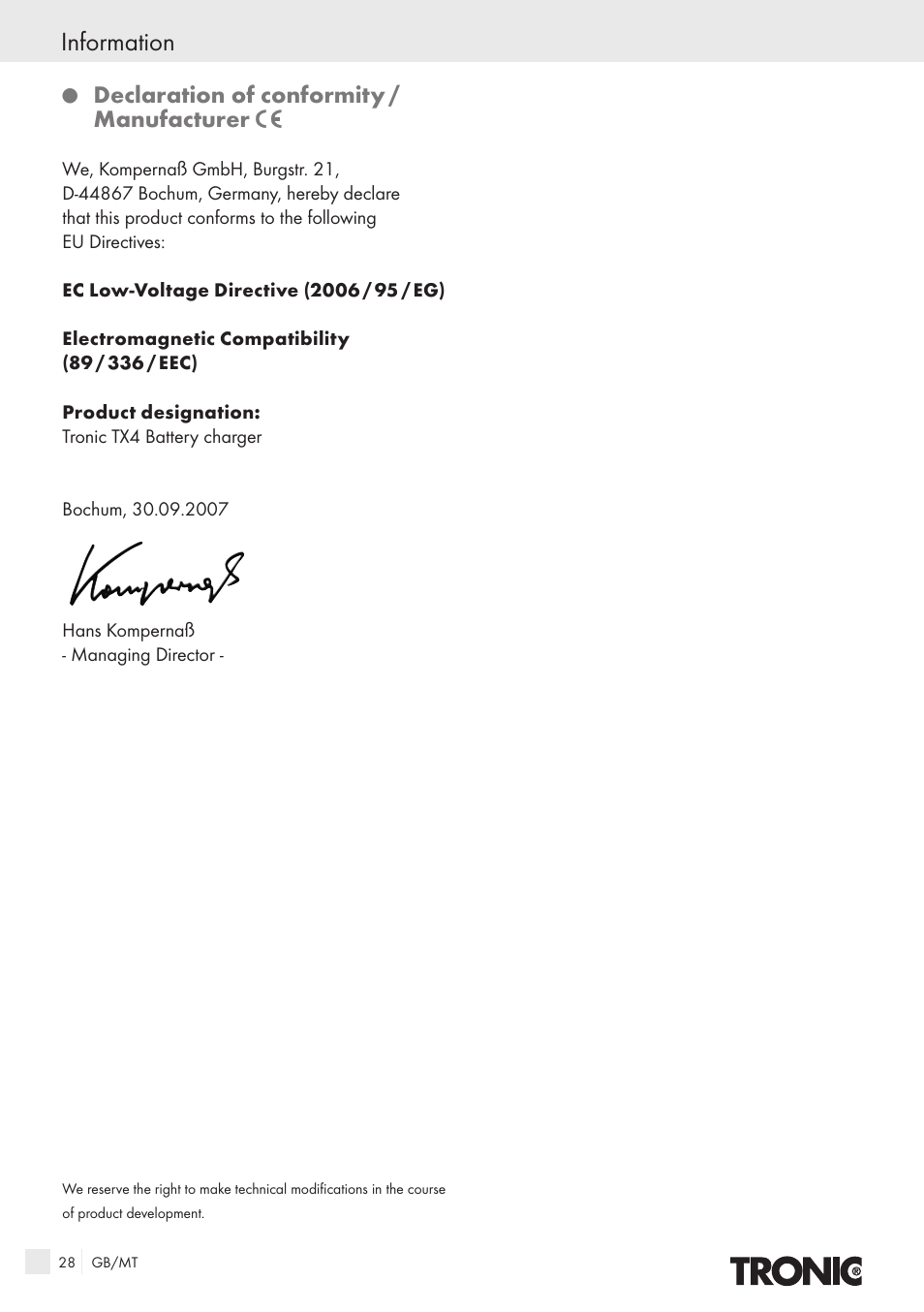 Information, Declaration of conformity / manufacturer | Kompernass T4X User Manual | Page 26 / 34
