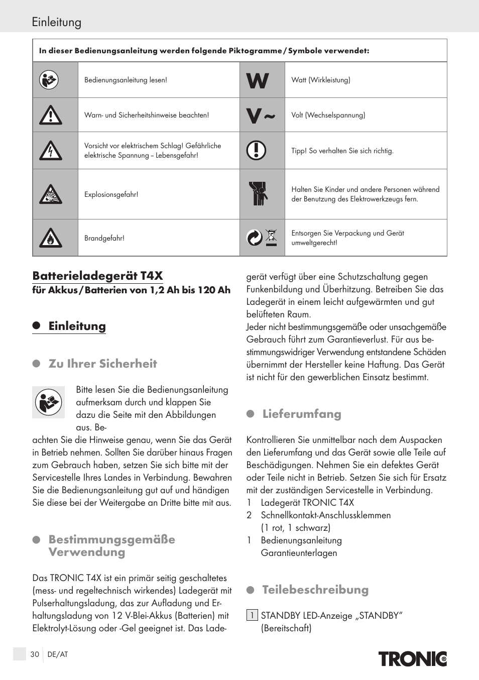 Batterieladegerät t4x, Einleitung, Zu ihrer sicherheit | Bestimmungsgemäße verwendung, Lieferumfang, Teilebeschreibung | Kompernass T4X User Manual | Page 28 / 34