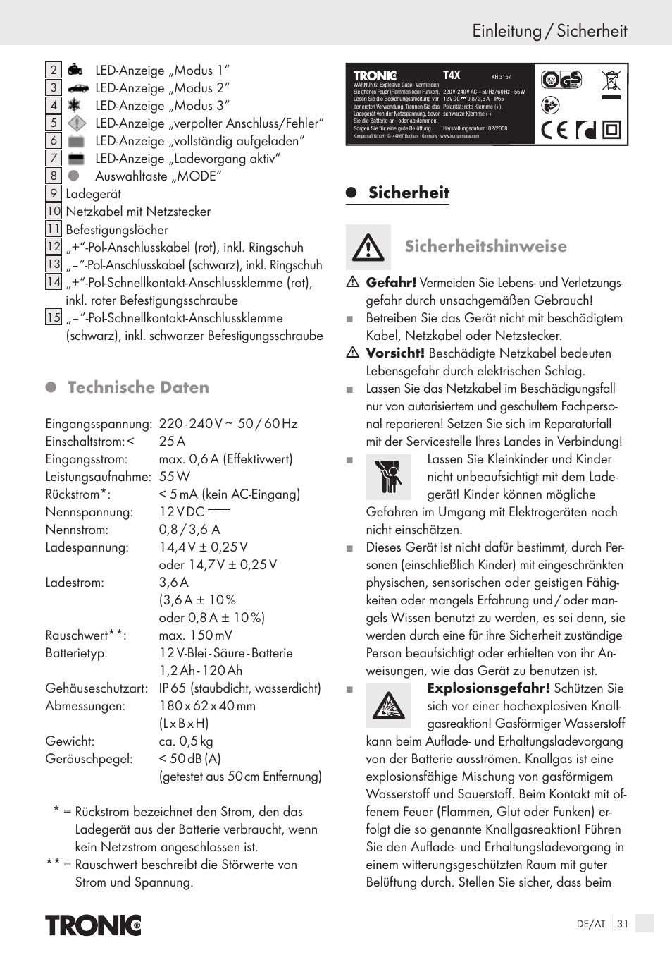 Einleitung / sicherheit, Technische daten, Sicherheit sicherheitshinweise | Kompernass T4X User Manual | Page 29 / 34