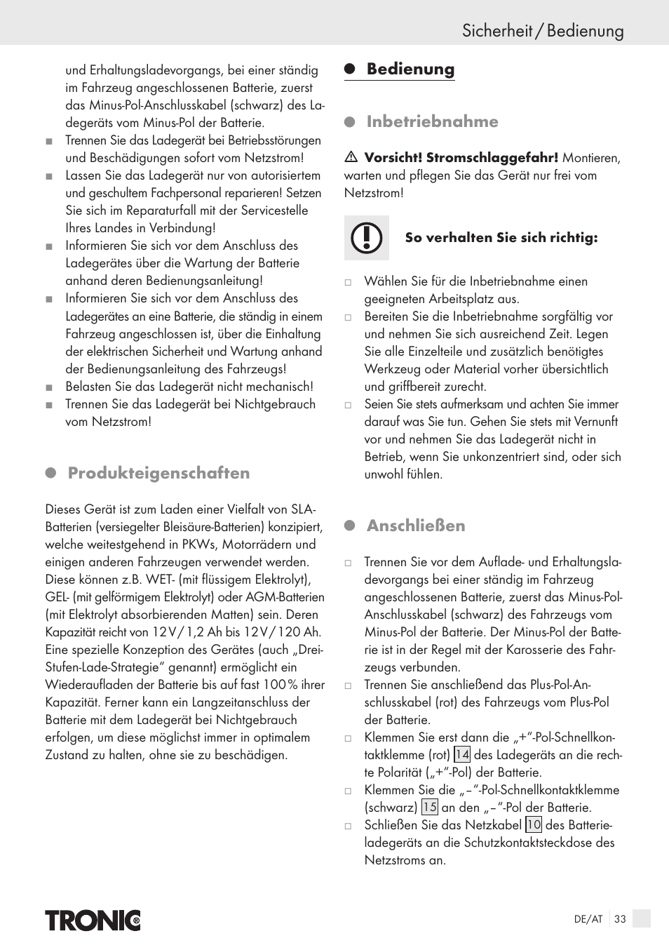 Sicherheit / bedienung, Produkteigenschaften, Bedienung | Inbetriebnahme, Anschließen | Kompernass T4X User Manual | Page 31 / 34