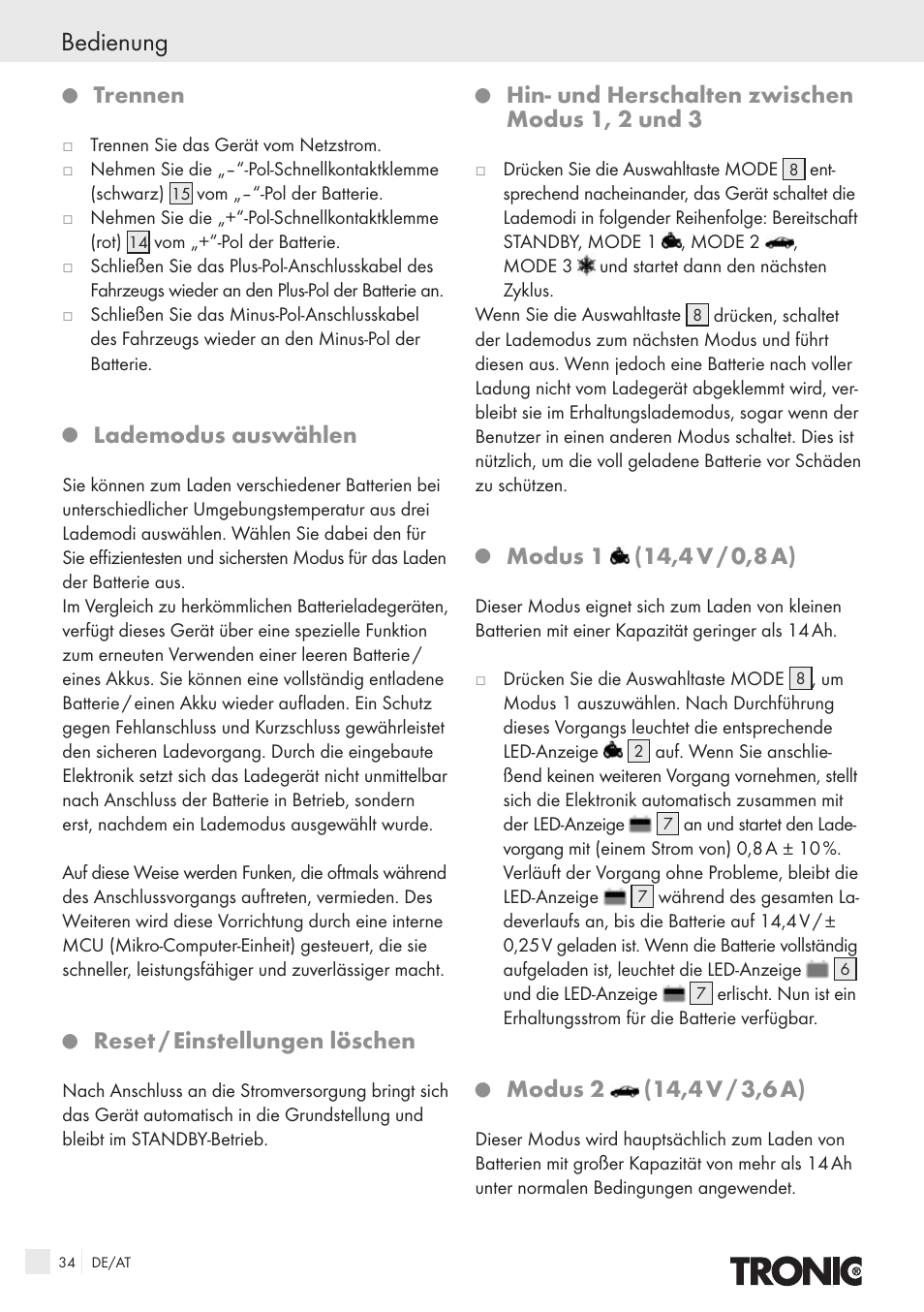 Bedienung, Trennen, Lademodus auswählen | Reset / einstellungen löschen, Hin- und herschalten zwischen modus 1, 2 und 3, Modus 1, Modus 2 | Kompernass T4X User Manual | Page 32 / 34