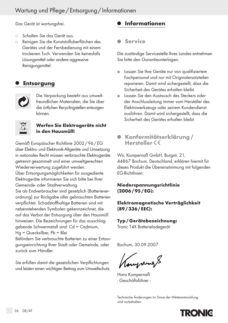 Wartung und pflege / entsorgung / informationen, Entsorgung, Informationen | Service, Konformitätserklärung / hersteller | Kompernass T4X User Manual | Page 34 / 34