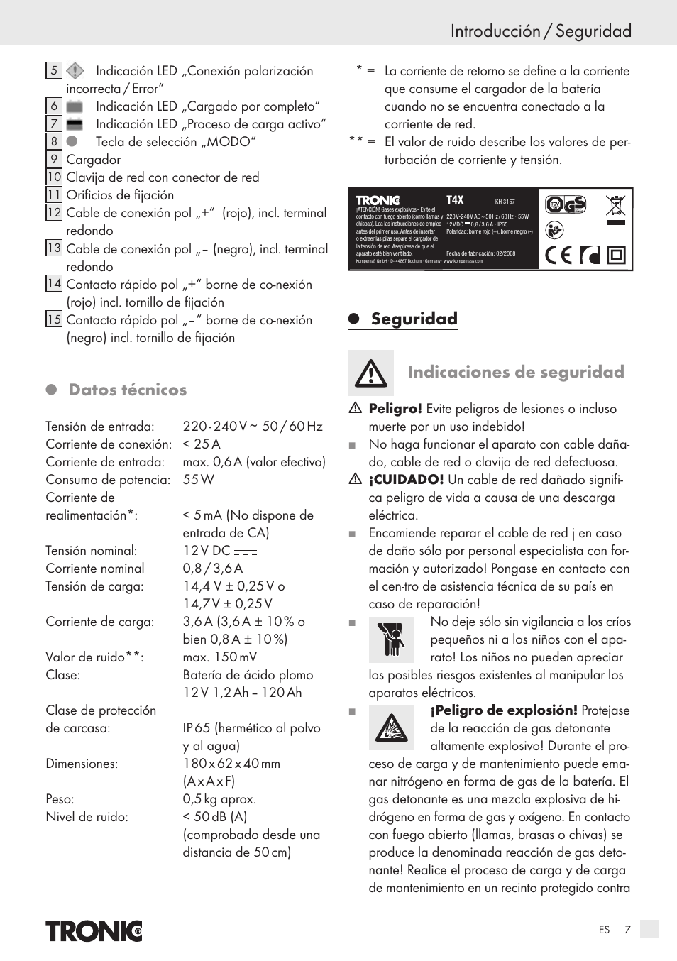 Introducción / seguridad, Datos técnicos, Seguridad indicaciones de seguridad | Kompernass T4X User Manual | Page 5 / 34