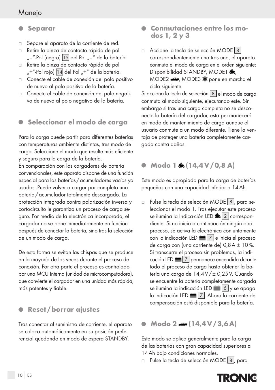 Manejo, Separar, Seleccionar el modo de carga | Reset / borrar ajustes, Conmutaciones entre los mo- dos 1, 2 y 3, Modo 1, Modo 2 | Kompernass T4X User Manual | Page 8 / 34