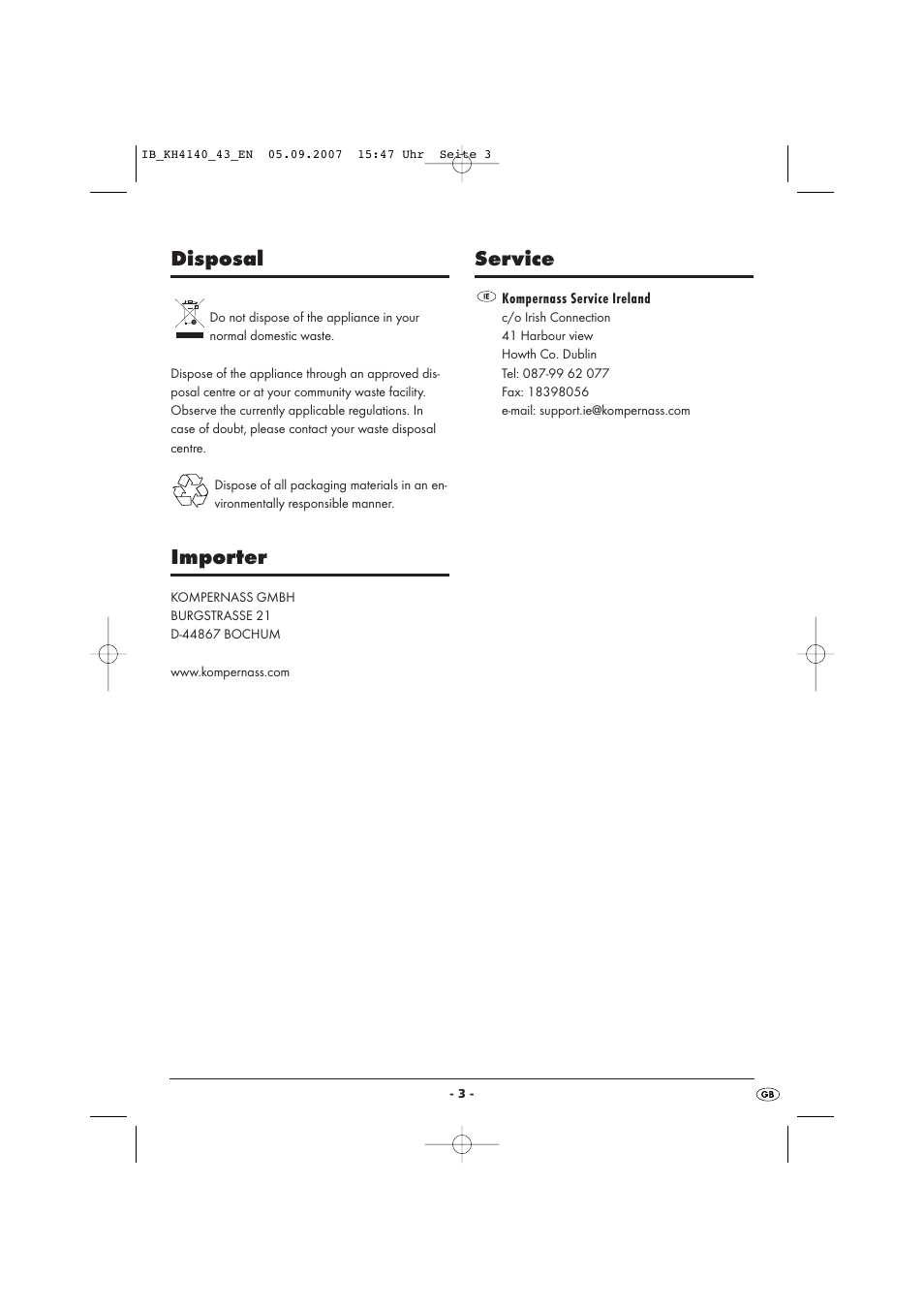 Disposal, Importer, Service | Kompernass SPOEB1015-100 User Manual | Page 5 / 26