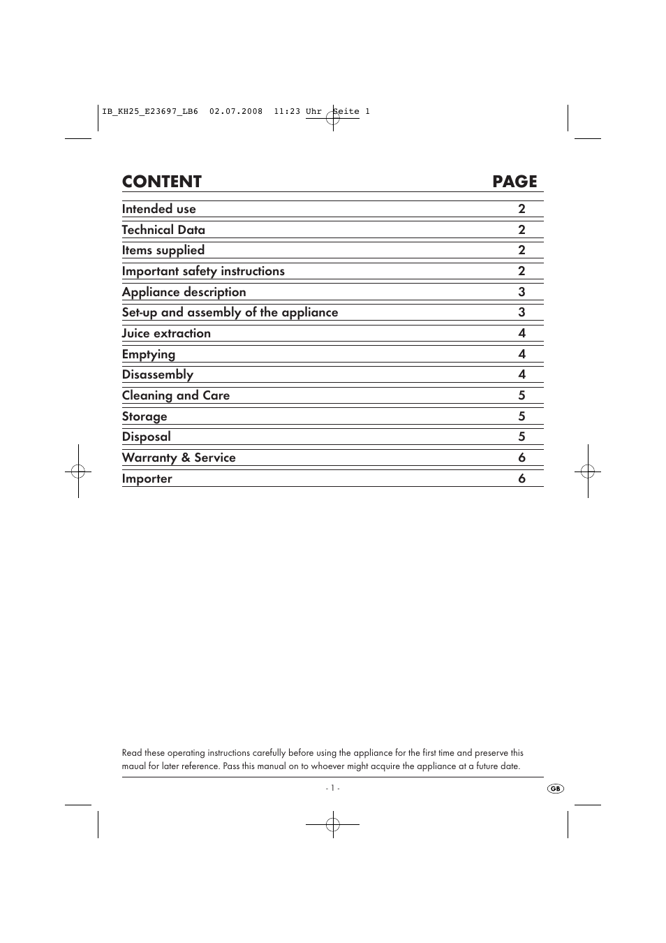 Content page | Kompernass KH25-07/08-V1 User Manual | Page 3 / 8