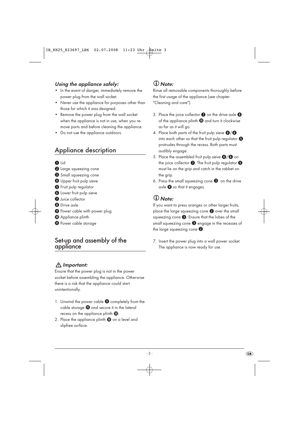 Appliance description, Set-up and assembly of the appliance | Kompernass KH25-07/08-V1 User Manual | Page 5 / 8