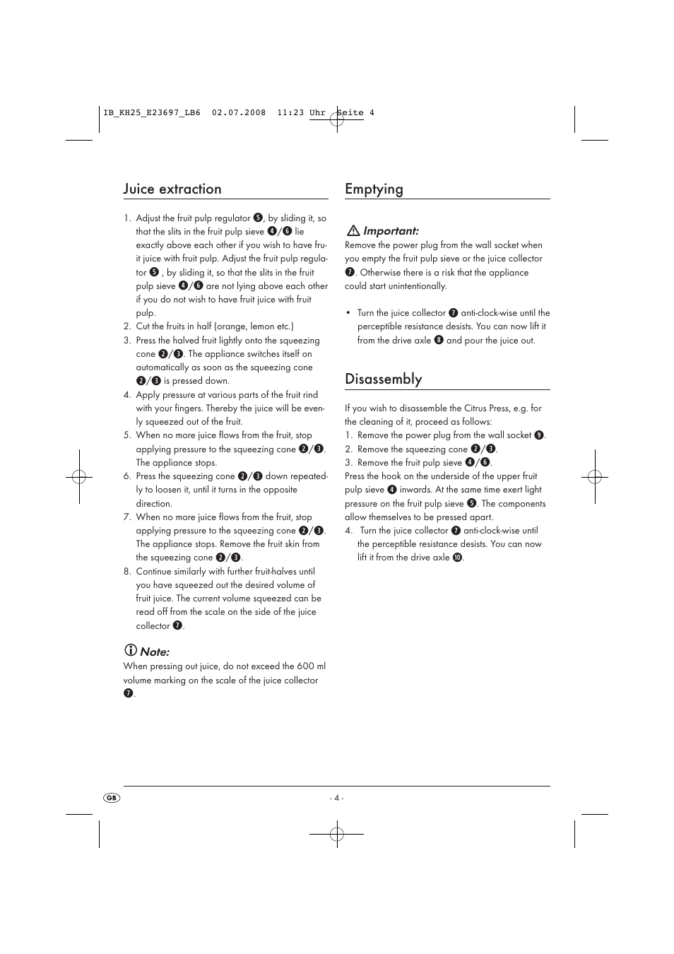 Juice extraction, Emptying, Disassembly | Kompernass KH25-07/08-V1 User Manual | Page 6 / 8