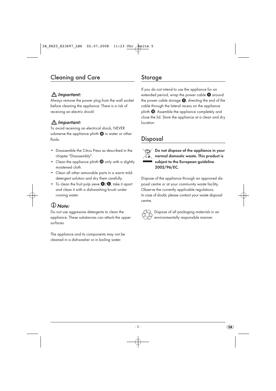 Cleaning and care, Storage, Disposal | Kompernass KH25-07/08-V1 User Manual | Page 7 / 8