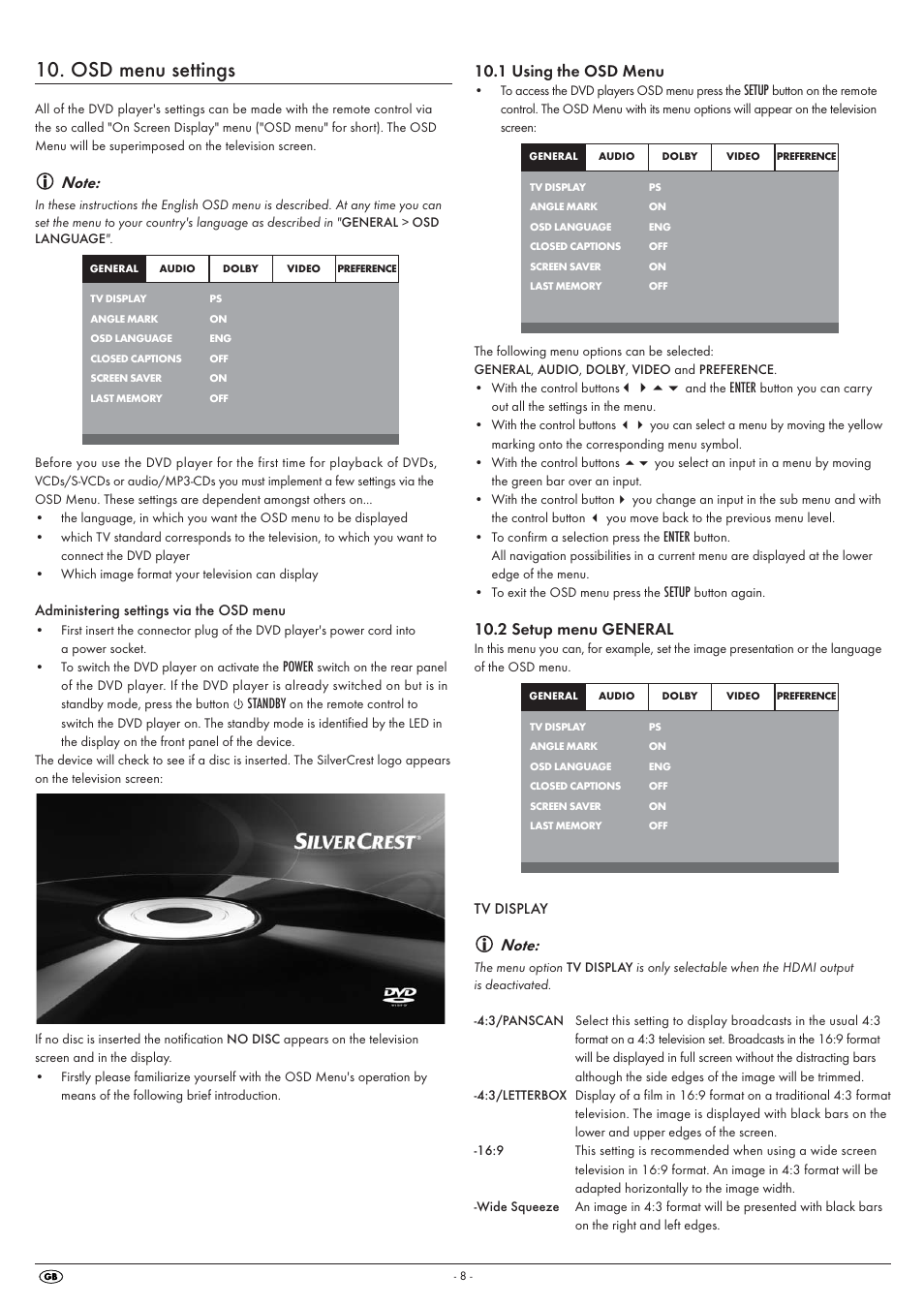 Osd menu settings, 1 using the osd menu, 2 setup menu general | Kompernass SILVERCREST KH6525 User Manual | Page 10 / 26