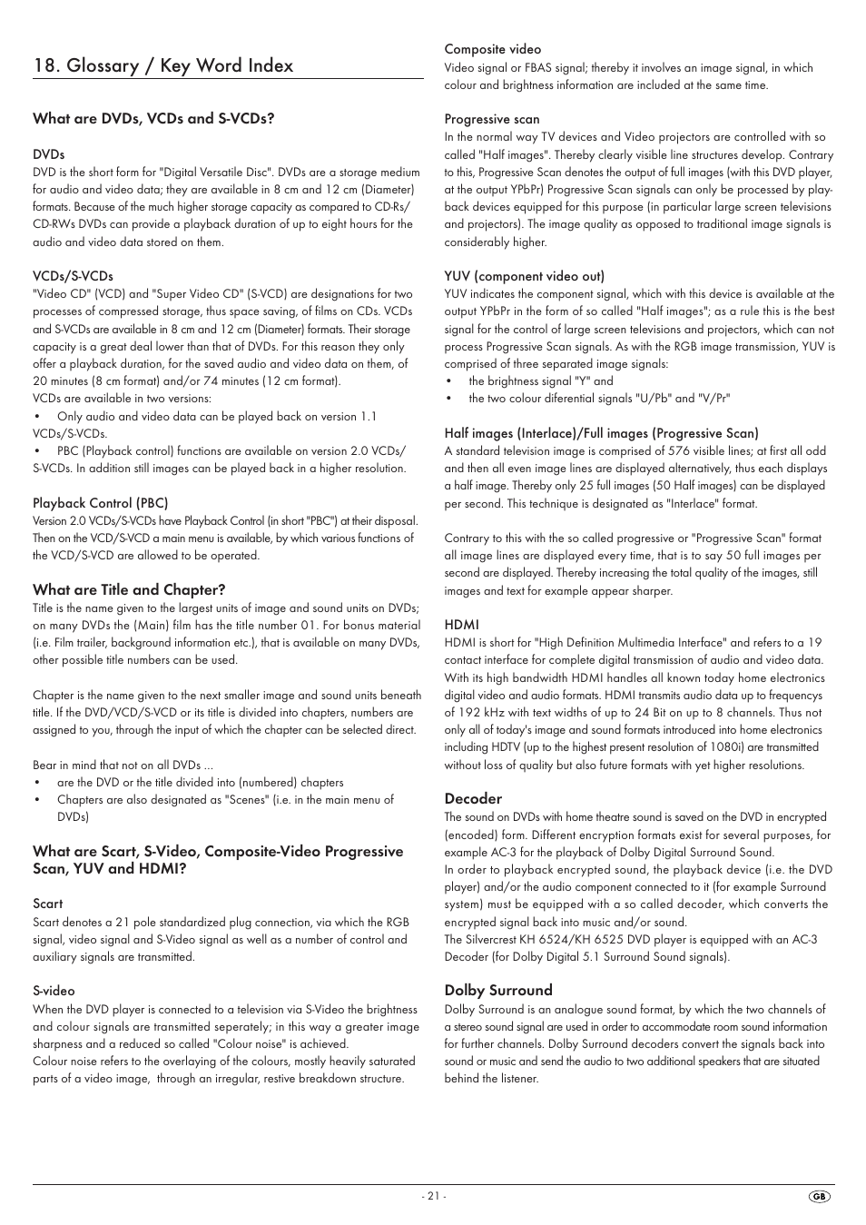 Glossary / key word index | Kompernass SILVERCREST KH6525 User Manual | Page 23 / 26