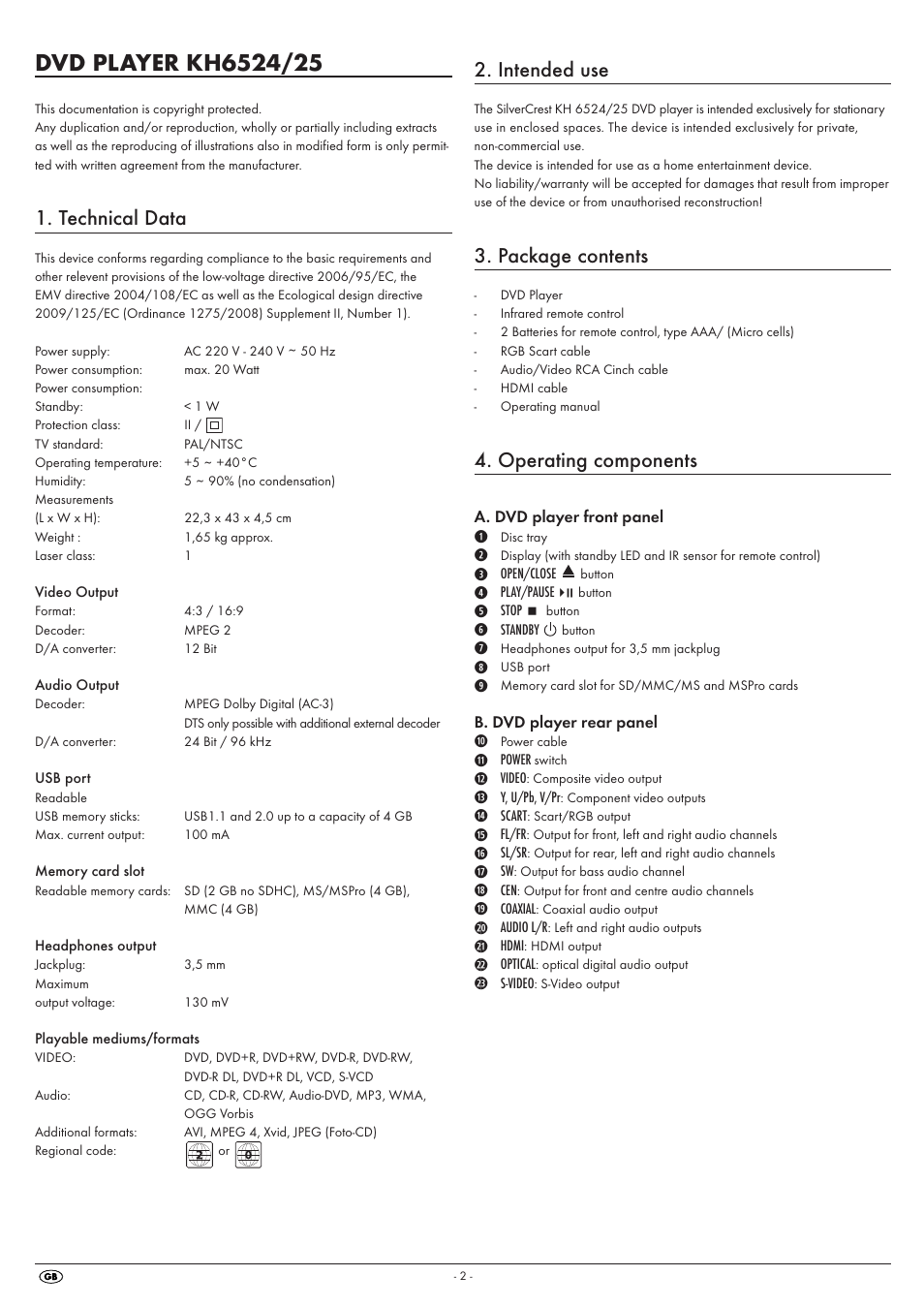 Technical data, Intended use, Package contents | Operating components | Kompernass SILVERCREST KH6525 User Manual | Page 4 / 26
