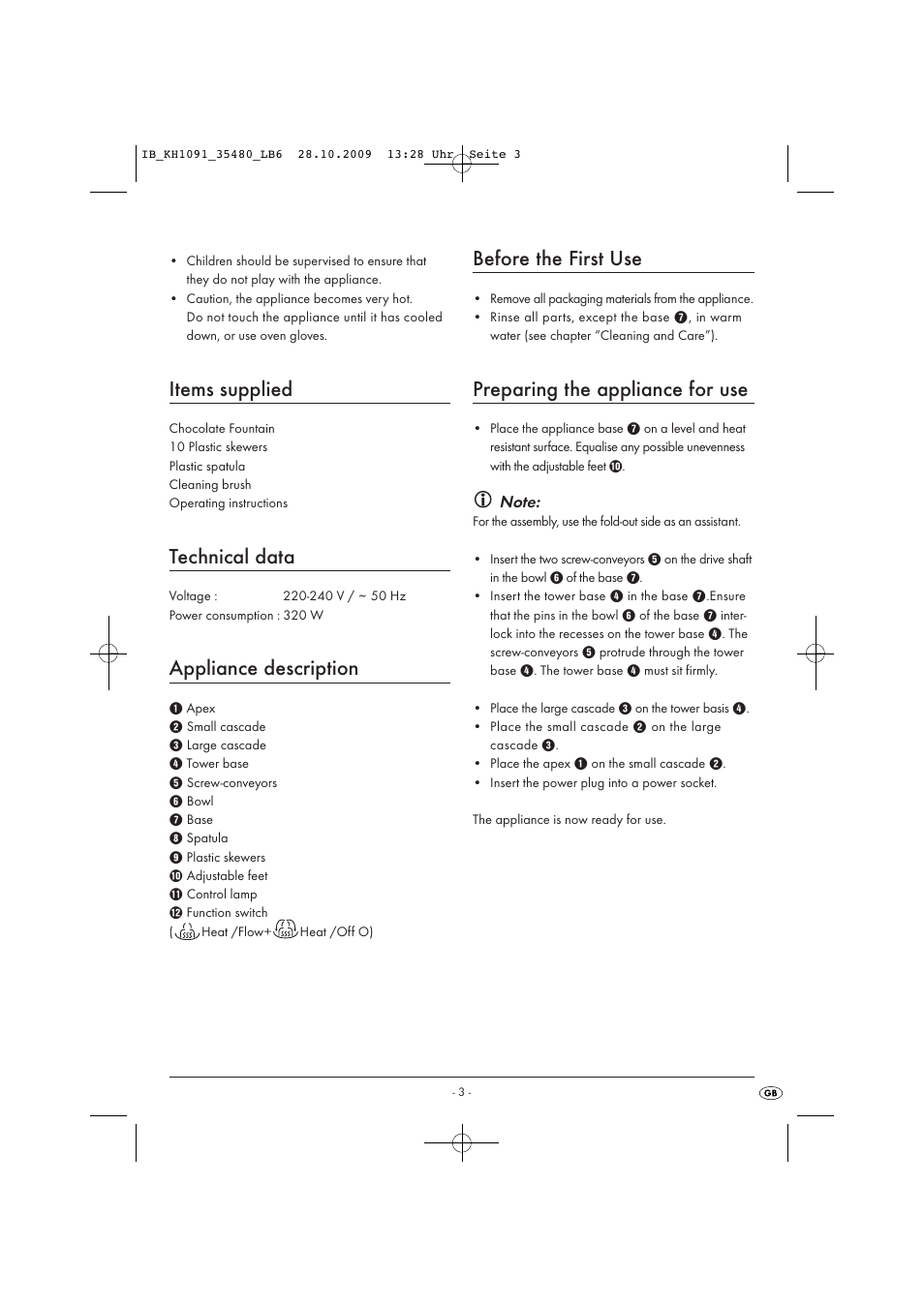 Items supplied, Technical data, Appliance description | Before the first use, Preparing the appliance for use | Kompernass KH1091-09-V4 User Manual | Page 5 / 8