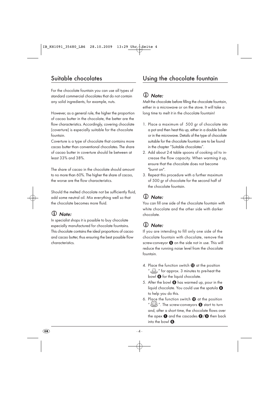 Suitable chocolates, Using the chocolate fountain | Kompernass KH1091-09-V4 User Manual | Page 6 / 8