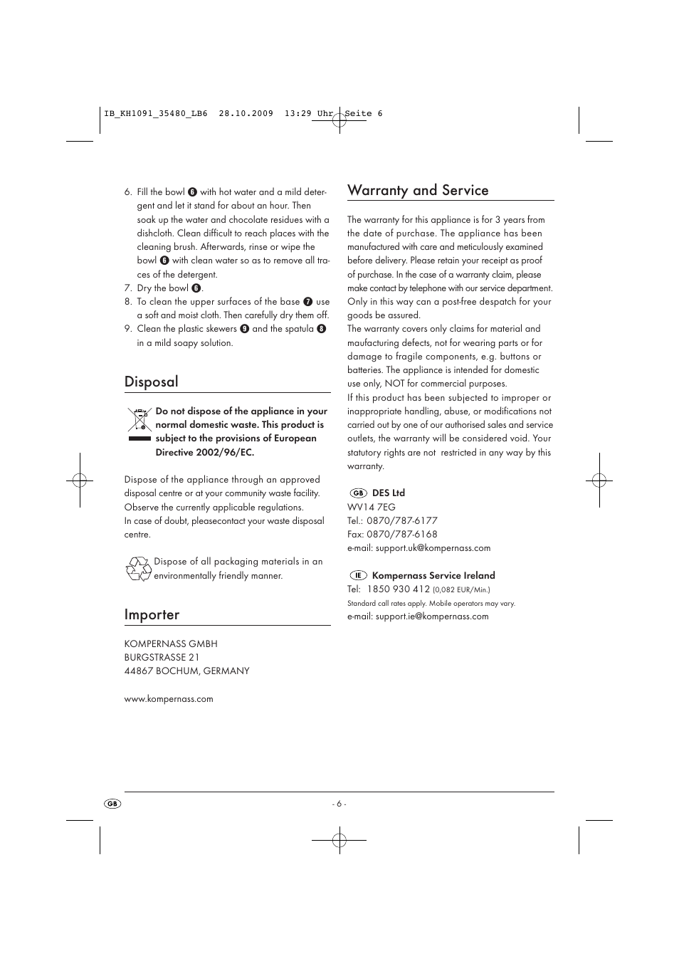 Disposal, Importer, Warranty and service | Kompernass KH1091-09-V4 User Manual | Page 8 / 8