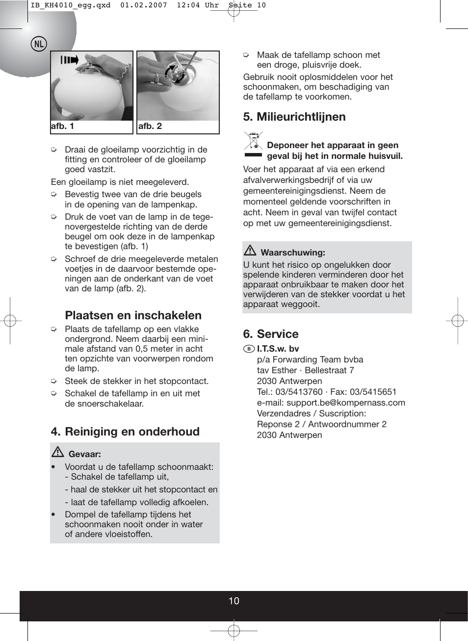Milieurichtlijnen, Service b, Plaatsen en inschakelen | Reiniging en onderhoud | Kompernass KH 4010 User Manual | Page 10 / 22