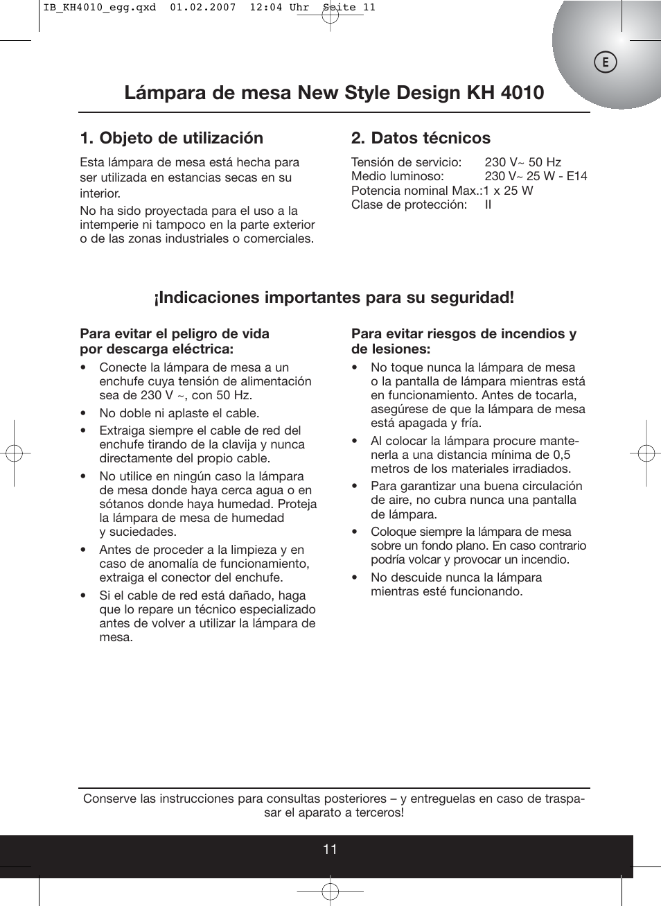 Lámpara de mesa new style design kh 4010, Objeto de utilización, Datos técnicos | Indicaciones importantes para su seguridad | Kompernass KH 4010 User Manual | Page 11 / 22